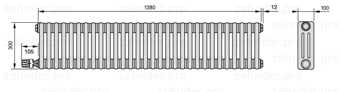 Схема (чертеж) Радиатор Zehnder Charleston 3030/30 №V003 Белый глянцевый RAL 9016